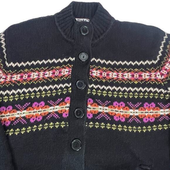 TIARA International Fair Isle Knit Button Up Black Sweater Cardigan Size Medium - Picture 6 of 10